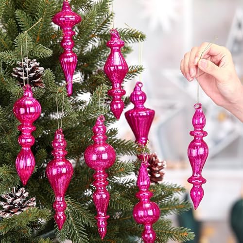 Mifoci 8 Pcs 6 Inch Mercury Glass Finial Christmas Ornaments,Hot Pink - Image 4