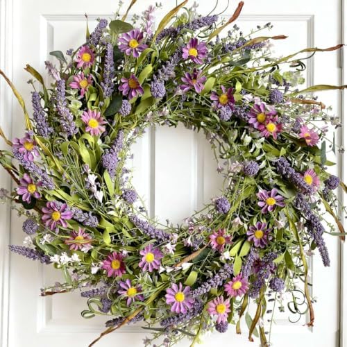 24 Inch Spring and Summer Purple Flowers Wreath for Front Door by Egolot