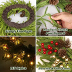 26" Norfolk Pine Wreath, Large Greenery Wreath for Front Door, Green Year Round Real Touch Artificial Greenery Wreath for Wall Porch Rustic Farmhouse Home Decor, with Lights, Red Bow, FF10 - Image 6