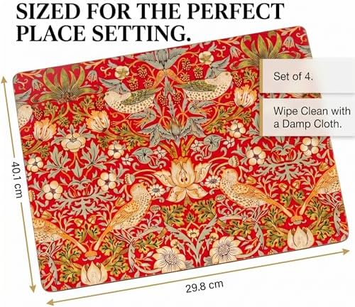 Pimpernel Morris & Co Strawberry Thief Red Placemats, Set of 4 - Heat & Stain Resistant, Cork Back Table Mats Featuring Classic Birds & Botanical Design - Minimal Tableware for Hosting - Image 5