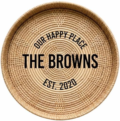 Personalized Family Name Sign, Custom Faux Rattan Wall Decor, "Our Happy Place" Boho Wicker Plaque, Flat MDF Board with Realistic 3D Print (Not a Real Woven Basket), Casual Home Art by AydansUniqueFinds