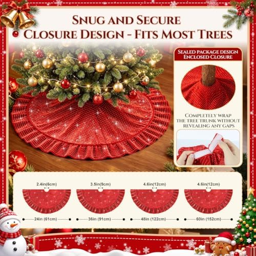 Vintage Christmas Tree Skirt 60 Inch Red Tree Skirt for 9FT Artificial Tree - Image 3