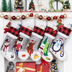 BHD BEAUTY Set of 5 Christmas Stockings Gray Burlap Buffalo Red Plaid Soft Faux Fur 20 Inches Lovely Embroidery Pattern for Family Decorations Hanging Ornament for Xmas Holiday Party by bhdbeauty