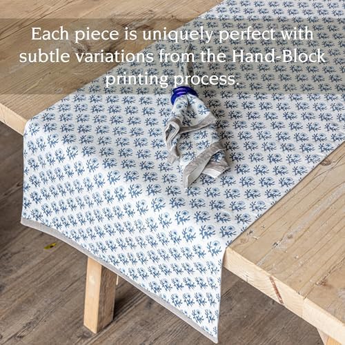 Over&Back 18x108 Hand-Blocked Printed Cotton Table Runner - Washable Table Runners for a Custom Home Decor Tablescape - Perfect for Coffee Table, Dinner Table, Living Room, and More - Blue Bloom - Image 3