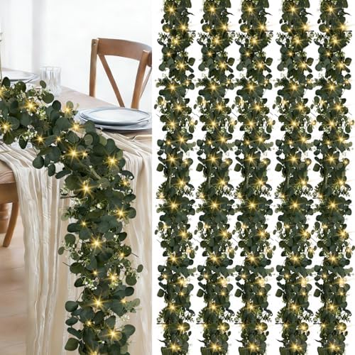 Eucalyptus Garland with Lights, 6 Packs 6FT Artificial Lighted Garland, Spring Summer Green Faux Garlands for Indoor Outdoor Home Decor Table Runner Wedding Arches Backdrops Decor by Unknown