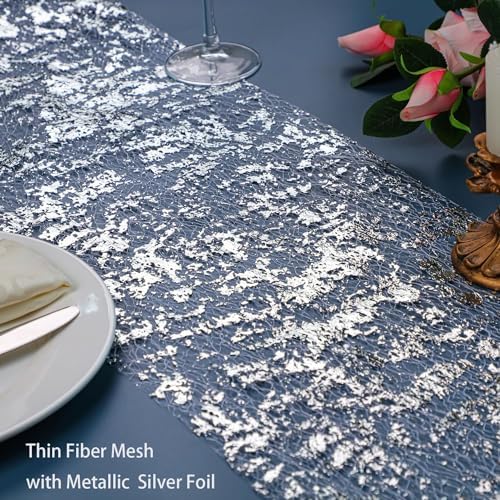 Snowkingdom Silver Table Runner, Sequin Glitter Foil Metallic Mesh Runner Roll 11 Inch x 49 Feet, Silver Table Decorations Centrepiece for Wedding Birthday Party Christmas Baby Shower - Image 2