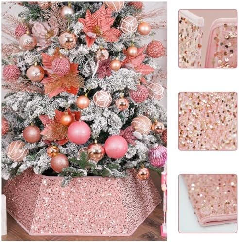 Christmas Tree Collar with Sparkling Sequin,Christmas Tree Collars for Atificial Trees, 24Inch Christmas Tree Skirt, Xmas Tree Stand Base Cover,Holiday Home Decor Tree Ring(Rose Pink,Large) - Image 2