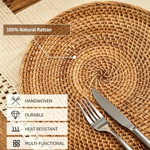 Round Rattan Placemats Set of 4, 13'' Boho Woven Chargers for Dinner Plates - Image 4