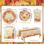 Fall theme Party Supplies Kit, Serve 25, Autumn Harvest Disposable Dinnerware Includes: Paper Dinner Plates, Dessert Plates, Napkins, Cups, and Tablecloth, for Thanksgiving Party Decorations - Image 2