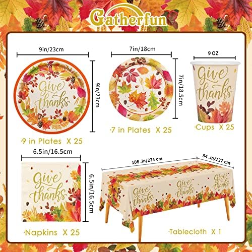 Fall theme Party Supplies Kit, Serve 25, Autumn Harvest Disposable Dinnerware Includes: Paper Dinner Plates, Dessert Plates, Napkins, Cups, and Tablecloth, for Thanksgiving Party Decorations - Image 2