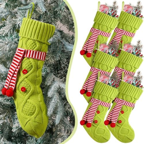 6 Pieces Green Christmas Stocking 18 Inches Large Green Knitted Stocking with Scarf Xmas Hanging Stocking Decorations for Fireplace Christmas Holiday Party Decoration Family Stockings by Jeere