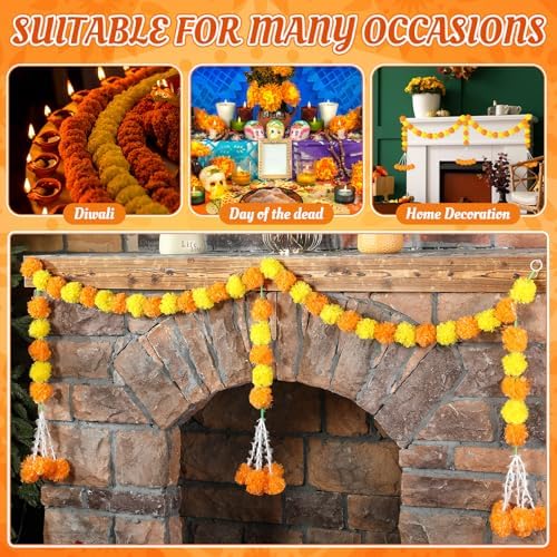 Giegxin 3 Pcs Marigold Garland for Diwali Decoration 4.92 feet Long Strand Artificial Marigold Flowers for Diwali Pooja Indian Home Wedding Dia De Los Muertos Day of The Dead (Orange Yellow) - Image 3