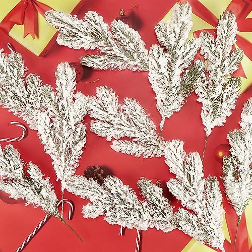 24Pcs Snowy Artificial Pine Needles Branches Twigs 10.6" Fake Frosted Pine Picks Greenery Stems Christmas Pine Tree Picks Winter Fir Pine Sprays Sprigs for Crafts Wreaths Garlands Holiday Decor - Image 6