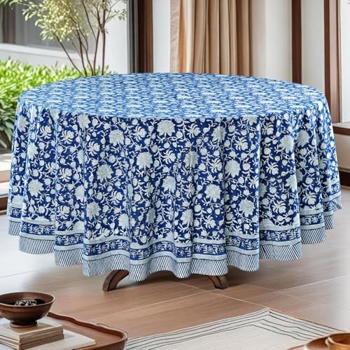 Ridhi Hand Block Print Round Tablecloth Persian Blue 60 Inch 100% Cotton by Ridhi