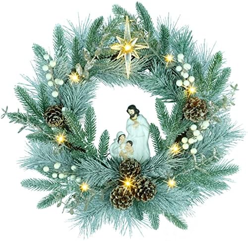 YULETIME 20" Pre-Lit Frosty Nativity Wreath, 10 Fairy Light Battery Powered by YULETIME