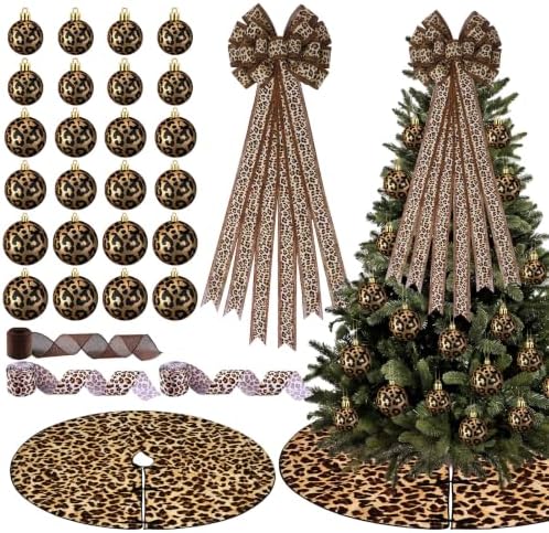 Sosation 29 Pcs Wild Glam Christmas Tree Decor Set, Including 24 Leopard Christmas Balls, 1 Leopard Print Tree Skirt, 1 Wild Bow Topper, 3 Ribbon Rolls for Farmhouse Party by Sosation