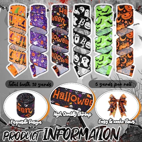 Yuefunny 10 Pcs Halloween Ribbon 4 Mesh Ribbons 6 Burlap Wired Edge Ribbons - Image 4