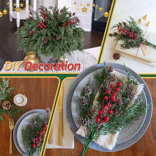 Faux Cedar Stems Artificial Norfolk Pine Branches for Christmas Decorations, 17 PCS Faux Pine Stems with Pinecones Red Berries Branches Realistic Faux Greenery for Vases DIY Garland Xmas Table Indoor - Image 4