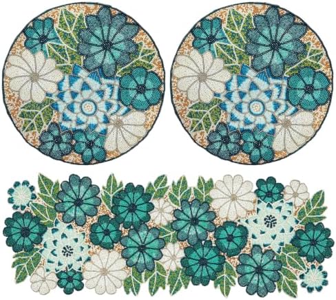 Beaded Table Runner decore 36 inches Long Christmas Flower Design Beaded Table Runners for Halloween, Christmas, Easter Coffee Tropical ,Combo Pack of Runner and 2 Pack Placemats Teal Multi - Image 2