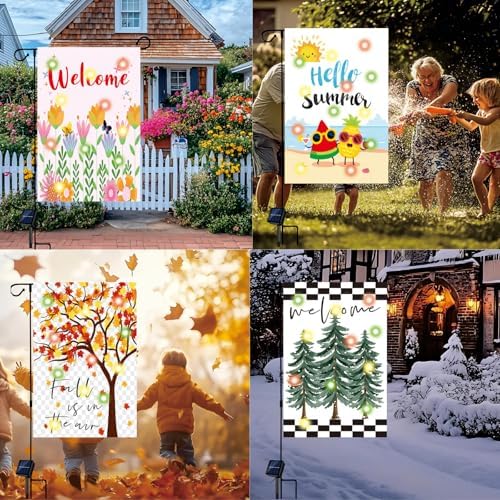 12 Pcs Double Sided Solar LED Seasonal Garden Flags - 12x18 Inch Waterproof Burlap Yard Flags for Patio Lawn Yard Porch Decor (Color 1) - Image 5