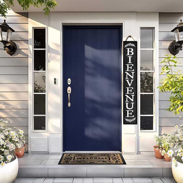 64x8 Inch Rustic Farmhouse Style Vertical Welcome Sign for Front Porch - Wood Plank Set, Classic "Bienvenue" Print, Fits Indoor & Outdoor Spaces - Image 2