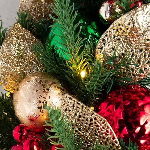 Balsam Hill Merry and Bright Christmas Wreath - 30" Festive Front Door Wreath with Ornaments, Gold Glitter Leaves & Battery-Operated LED Clear Lights for Indoor and Outdoor Holiday Decorating - Image 4