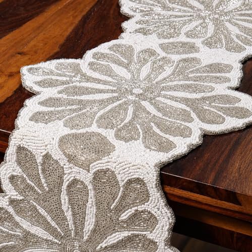 CLEENTABLE Beaded Table Runner, White Silver, 36x13 - Image 5