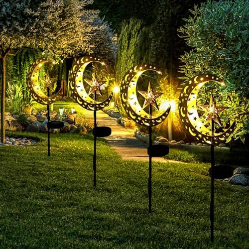 Tujoe 2 Pcs Eid Mubarak Solar Lights Eid Al Adha Outdoor Decorations Mubarak Star Moon Lights Solar Stakes Waterproof for Outdoor Decorations Garden Walkway Lawn Patio Yard(Star) - Image 6
