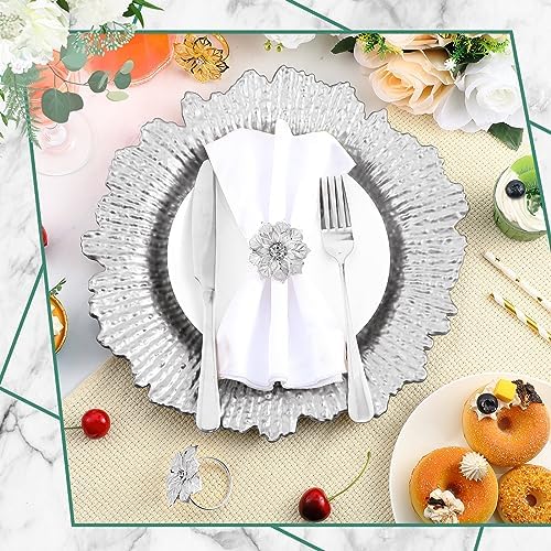 Dandat 24 Pcs Charger Plate Bulk 13'' Floral Reef Plates with Napkin Ring 12 Plastic Dinner Charger Plate 12 Flower Napkin Holder for Table Setting Wedding Party (Silver) - Image 4