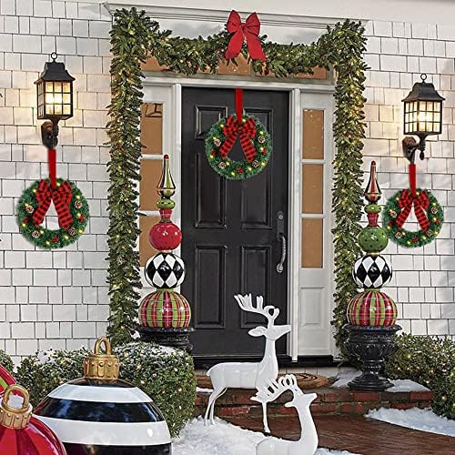 ATDAWN 3 Pack Mini Christmas Wreath, Lighted Christmas Front Door Wreath, Xmas Wreath for Holiday Christmas Party Decorations (Plaid Bow) - Image 4