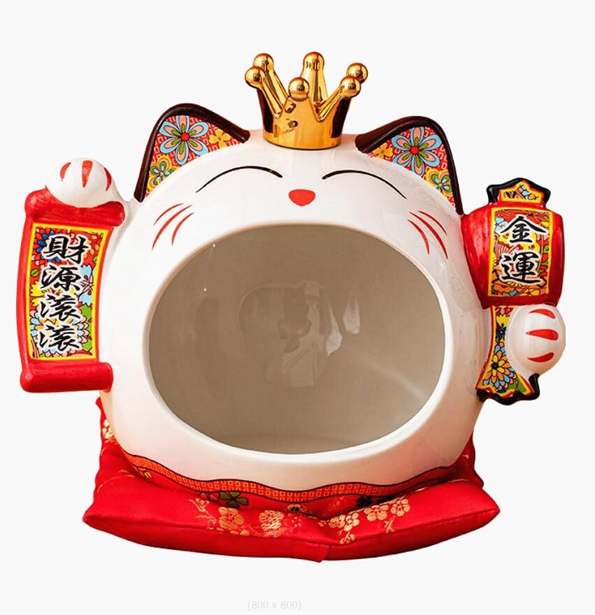 EatingBiting 7.9" Japanese Ceramics Maneki Neko Crown Cat Big Mouth Ornament Collectible Figurine Storage Box Decoration Art Sculpture Home Decor Decorative Beckoning Cat for Business Opening by EatingBiting