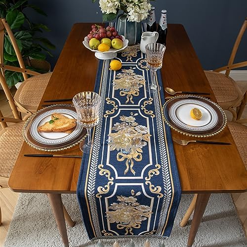 Embroidery Luxury Table Runner, Long Blue Dining Table Runner, Elegant Jacquard Dresser Scarf with Multi-Tassels for Dining Room Party Banquet Table Decor, 13x102inch - Image 2