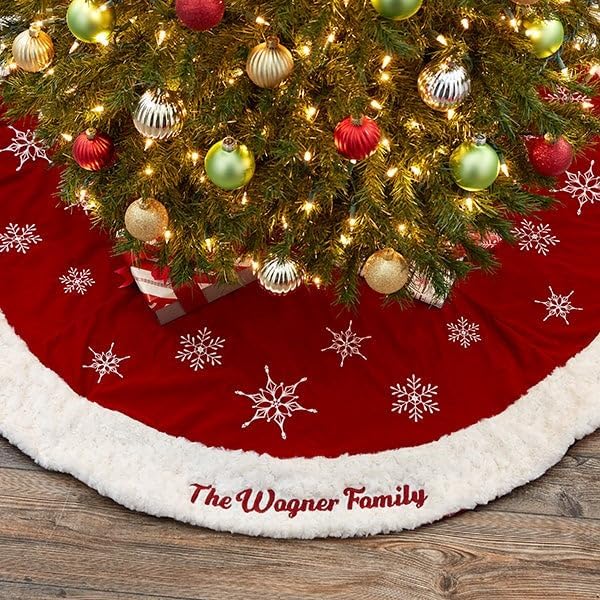 Personalization Universe Winter Wonderland Personalized Tree Skirt - Embroidered Christmas Decorations with Name, 54" Christmas Tree Skirt with Faux Fur & Snowflake Decorations - Image 2