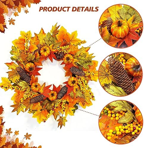 GLLBTPT 20in Fall Wreath Full Handcrafted Autumn Front Door Wreath with Pumpkins Maple Leaves Berries for Halloween Thanksgiving Harvest Decoration (Maple Leaf) - Image 4
