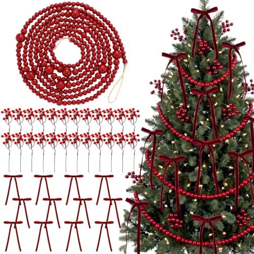 WinnerWhy 49 Pcs Christmas Garland Set, Wood Bead Holly Berry Velvet Bows by WinnerWhy