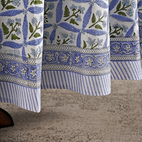 Ridhi Block Print Round Tablecloth Light Steel Blue 132 Inch 100% Cotton - Image 4