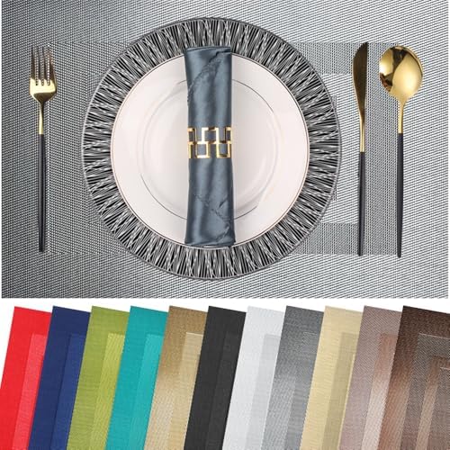 PIGCHCY Placemats Set of 12 Washable Durable Place Mats Vinyl Heat Resistant Non-Slip Table Mats Indoor Outdoor (18 x 12 inches, Silver Black) by PIGCHCY