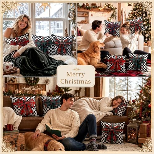 Frienda 4 Pcs Christmas Throw Pillows Cover 20"x20" Checkered Velvet Bow - Image 5
