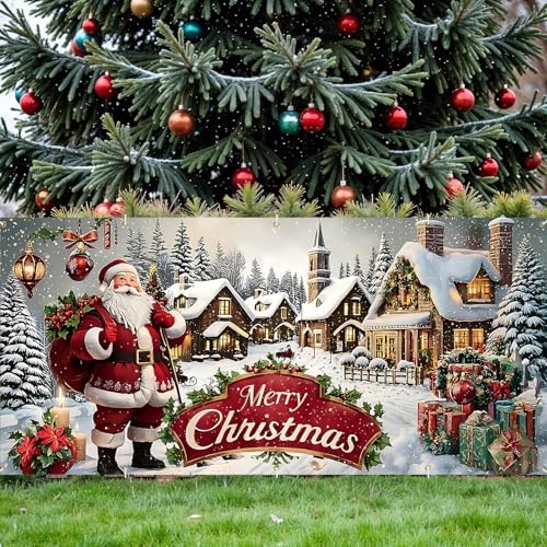 Santa's Christmas Town Banner 16x7 Ft - Jolly Santa with Village Scene and Merry Christmas for Double Car Garage Display - Image 5