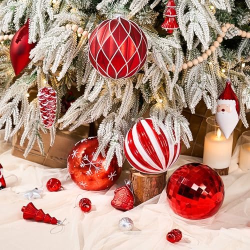 JORNOY Christmas Balls Ornaments Set, 6 inch/150mm Extra Large Shatterproof Plastic Hanging Bulbs for Xmas Tree Decorations Holiday Party with String, 4 Pack-Red&White - Image 3