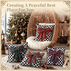 Frienda 4 Pcs Christmas Throw Pillows Cover 20"x20" Checkered Velvet Bow - Image 4