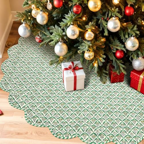 MiniInflat Quilted Christmas Tree Skirt - Vintage Floral Block Print Christmas Tree Skirt with Scalloped Edge Thicken Cotton for Home Decorations Holiday Party Gift(72 Inch,Checkered Floral,Green) - Image 3