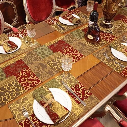 Loom and Mill Luxury Patchwork Damask Placemats Set of 6, Red Gold, 12x18in - Image 6