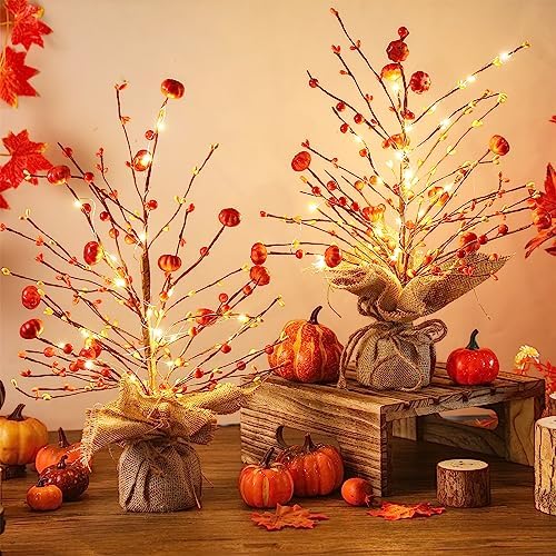 Ganeen 2 Pcs LED Fall Tree 18 Inch Tabletop Pumpkin Berry Decor - Image 2