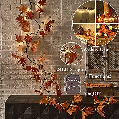 Hairui Lighted Maple Leaf Garland with Timer 6FT 24 Warm White LED, Fall Garland with Lights Battery Operated for Thanksgiving Harvest Christmas Wedding Decoration Indoor Outdoor - Image 2