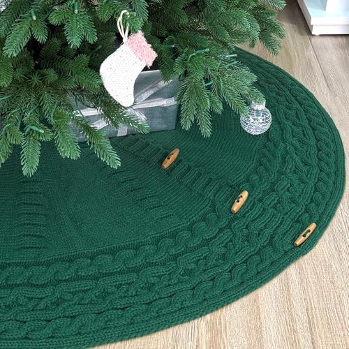 60-Inch Cable Sweater Knit Christmas Tree Skirt with Wooden Toggles, Forest Green by StarryDynamo