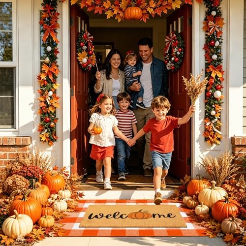 2 Pcs Fall Door Mat, Layered Pumpkin Welcome Coir Doormat with Orange and White Buffalo Plaid Mats, 30"x18" Front Doormat with Non-Slip TPR Backing, Farmhouse Autumn Porch Decor for Entryway Patio - Image 4