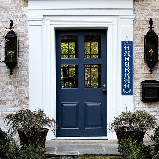 FemiaD Tall Outdoor Happy Hanukkah Sign for Front Door,Wooden Tall Welcome Sign For Front Porch,Farmhouse Happy Hanukkah Porch Sign Wood Vertical Decor for Jewish Chanukah Party Decor 8x48inch - Image 5