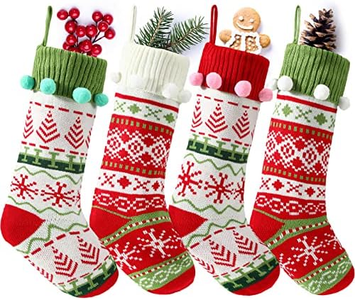 Chivao 4 Pcs 20" Christmas Stocking with Pompoms Large Knit Xmas Decor by Chivao