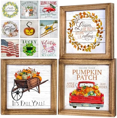 Set of 3 Rustic Wood Frames for Shelf, Mantel or Tiered Tray Decor - 36 Interchangeable Seasonal Home Signs for 4 Seasons & Holidays, 7x7 in by PARALLELDECOR